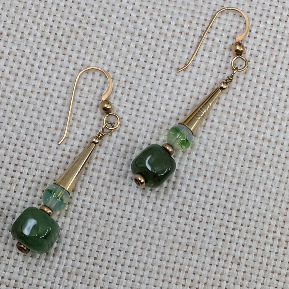 Vintage Handmade Green Glass Dangle Earrings | Boho Drop Style | Lightweight